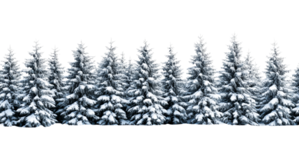Snowy spruce trees stand in row, idyllic winter scenery, cut out transparent