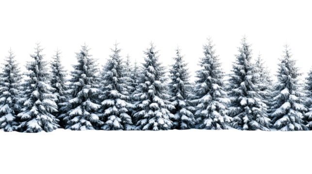 Snowy spruce trees stand in row, idyllic winter scenery, cut out transparent
