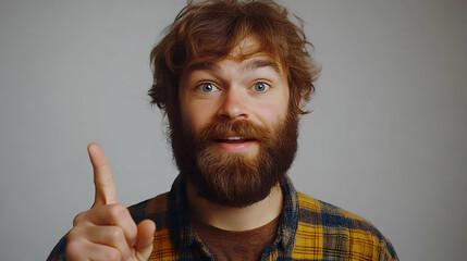 Cheerful man with a beard gesturing positively in a neutral background, promoting engagement