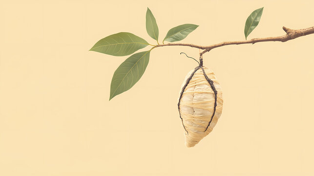 A cocoon hanging from a branch, about to open, isolated on a pastel yellow background, symbolizing imminent growth and change,. Dreamwoven Cocoon. Illustration