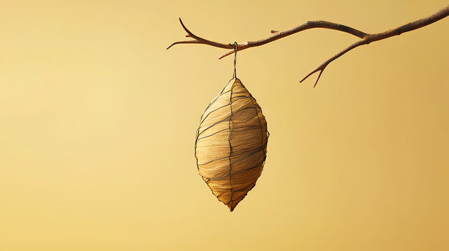 A cocoon hanging from a branch, about to open, isolated on a pastel yellow background, symbolizing imminent growth and change,. Dreamwoven Cocoon. Illustration