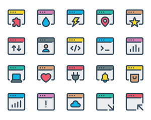 Filled outline icons set for Webpages, websites, browser, window.