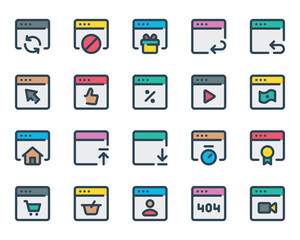 Filled outline icons set for Webpages, websites, browser, window.