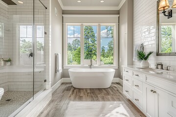 A spacious luxury bathroom with high-end finishes, deep soaking tub by a large window with a view of nature, polished wood floors, chrome fixtures, and an elegant rain shower, accented