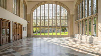 Fototapeta premium Spacious Hall Interior With Large Arched Windows Overlooking Green Landscape with Bright Sunlight and Geometric Pattern Floor