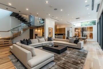 A spacious modern living room with a minimalist design, large sectional sofa in neutral tones, abstract art on the walls, sleek black coffee table, and a light wood floor with an open layout,