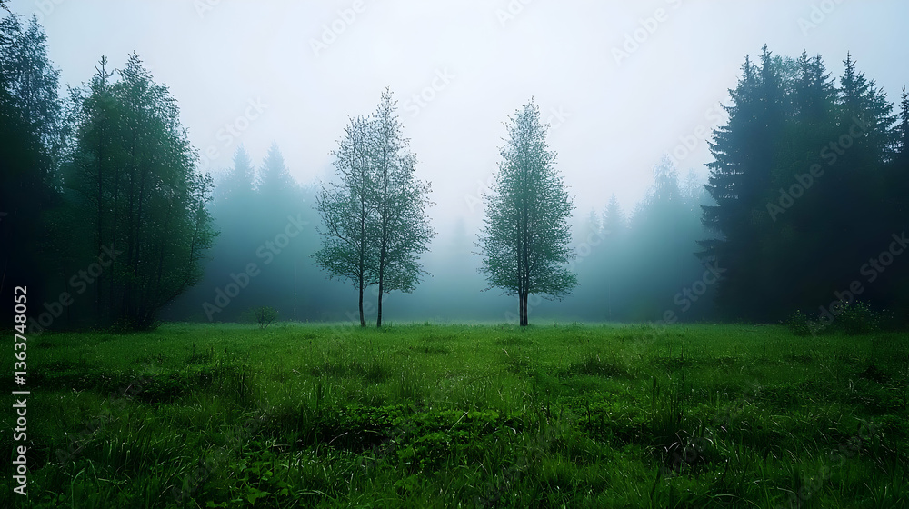 Poster misty green field with two trees and forest in background scenic landscape with overcast daylight