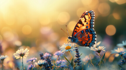 Obraz premium Papillon coloré sur fleur sauvage au soleil printanier