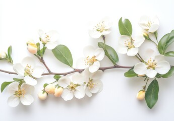 Fototapeta premium Elegant White Flower Branch with Fresh Green Leaves and Buds on Minimalistic Background, Perfect for Floral Decor and Nature Inspired Designs