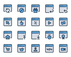 Filled blue outline icons set for Webpages, websites, browser, window.