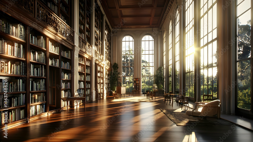 Poster grand library interior with sunlight streaming through large windows displaying extensive bookshelve