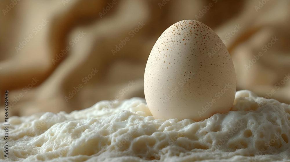 Poster a close-up of a speckled egg resting on a frothy surface, with a soft fabric background creating a s
