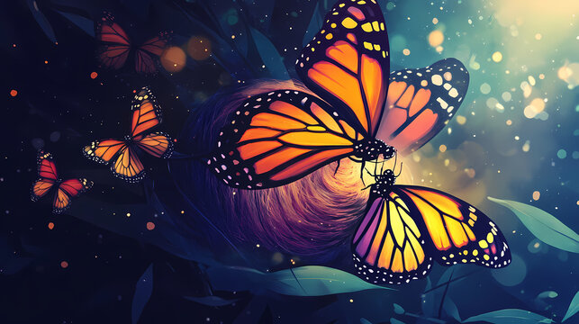 Mindset shift transformation with vibrant butterflies emerging from a cocoon representing personal growth and change. Dreamwoven Cocoon. Illustration