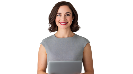 Smiling businesswoman holding laptop, presentation, working concept, cut out transparent
