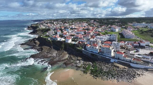 Macas Beach At Sintra District Of Lisbon Portugal. Bird Eye View Of A Amazing Coastal Beach In The Summer Holiday. Business Clouds Sky Downtown Cityscape. Outdoor Downtown Famous.