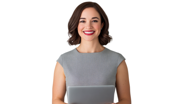 Smiling businesswoman holding laptop, presentation, working concept, cut out transparent