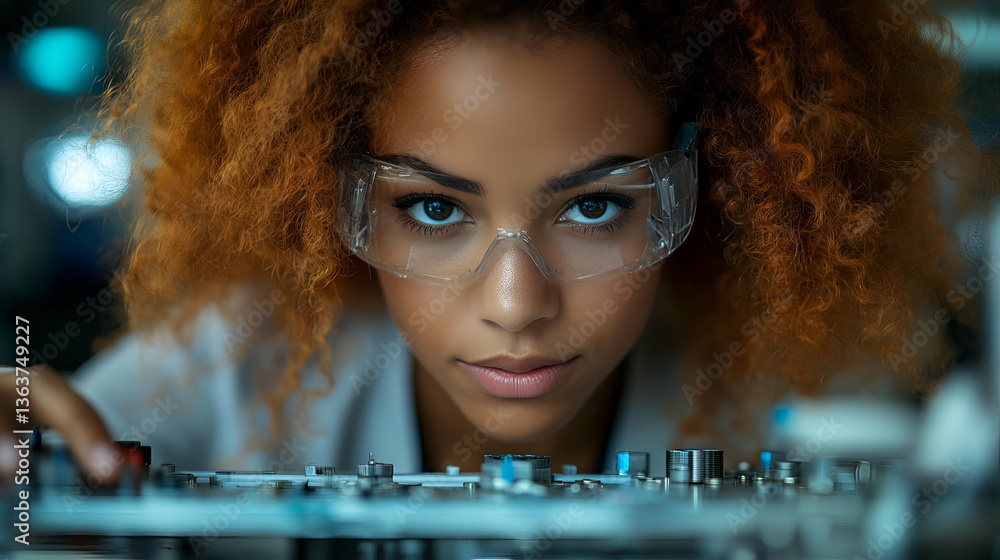 Poster focused scientist examining intricate machinery in a high-tech laboratory setting