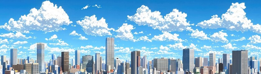 Cityscape, sunny day, skyscrapers, clouds, urban background