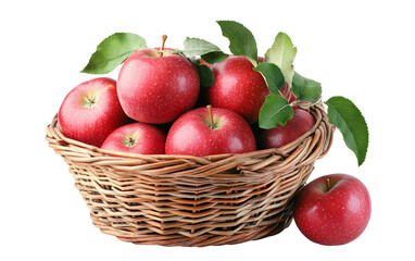 A basket filled with freshly picked red apples with green leaves Isolated on transparent background PNG