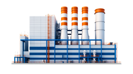 Power plant with orange-white stacks, industrial building, cut out transparent
