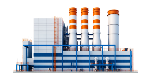 Power plant with orange-white stacks, industrial building, cut out transparent