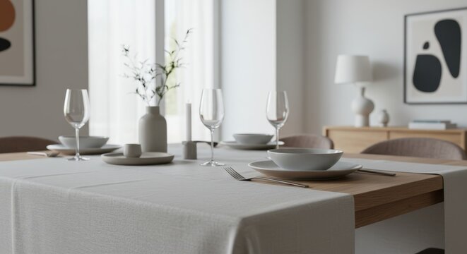 Table setting with white tablecloth adds elegance to dining experience, creating welcoming ambiance for gathering, celebration, dining room decor, home for easter