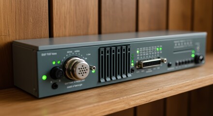 Fototapeta premium Professional audio equipment on wood shelf, sound mixer for recording studio. Electronic device to edit voice on radio, modern technology instrument for sound design.