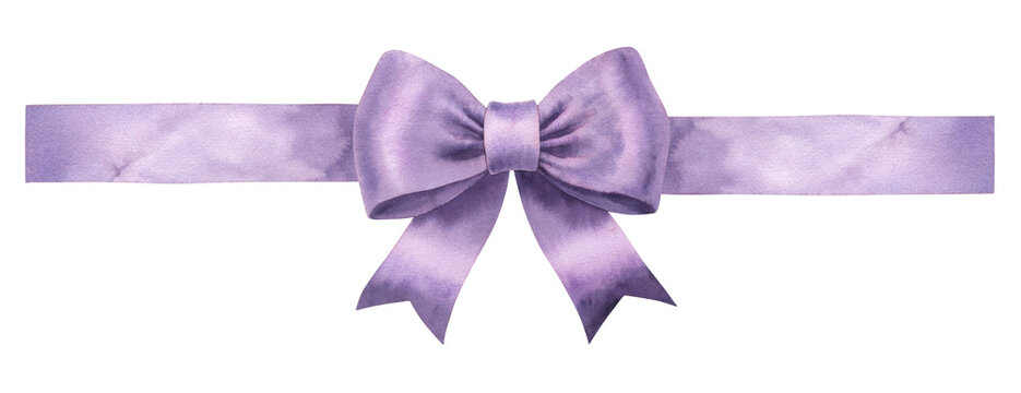Watercolor violet gift bow, silk ribbon. Painted bowknot elements isolated transparent background. Hand drawn illustration bowtie. For print decoration, fabric, wrapping, wallpaper, greeting cards