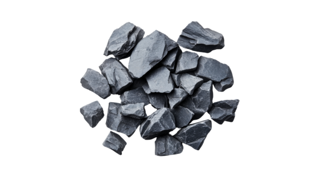 Heap of rough dark slate stones, cut out transparent