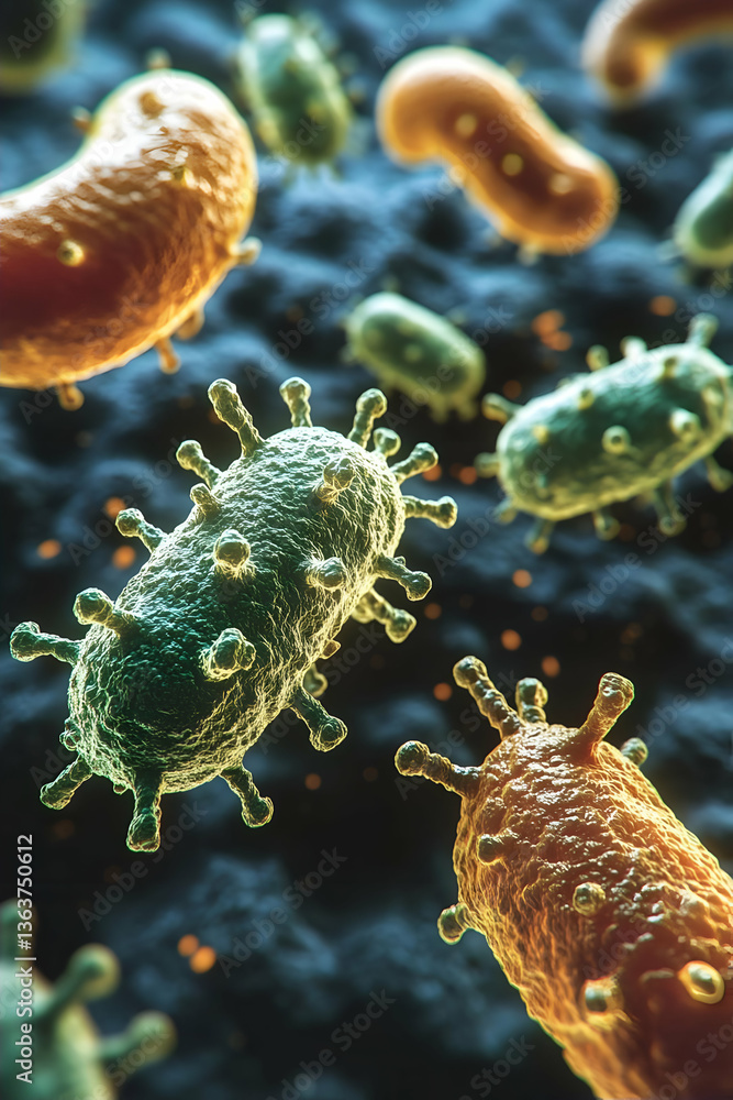 Poster close-up view of colorful bacteria under a microscope, showcasing intricate details and textures