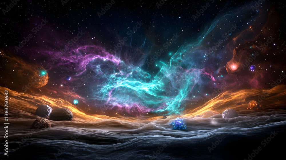Poster vibrant nebula displaying cosmic energy over a rocky surface with colorful light and abstract format