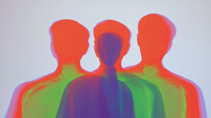 Three blurred figures blend in a chromatic aberration effect