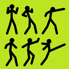 Basic Stick Figure Martial Arts Poses, Simple Fighting Stances on Green Background