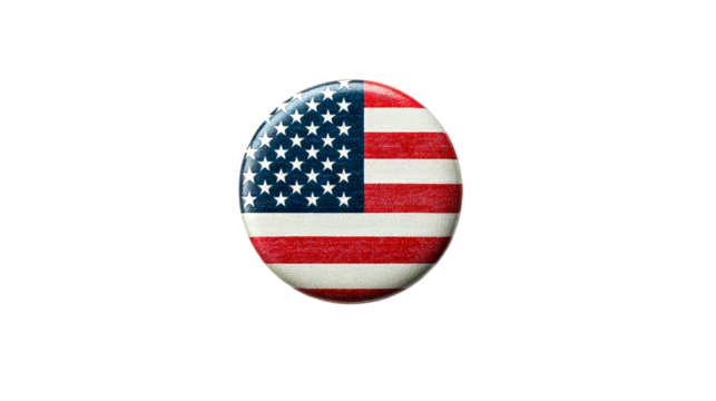 Round badge featuring the American flag with stars and stripes