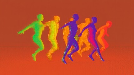 Colorful figures assembled with particles move and jump in unison