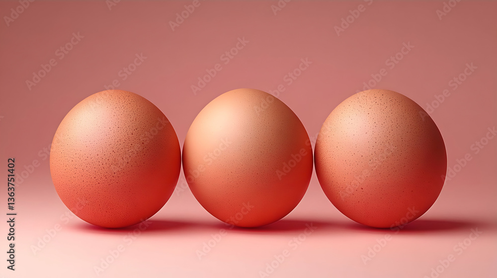 Poster three smooth brown eggs arranged in a row on a soft pink background, creating a minimalist aesthetic