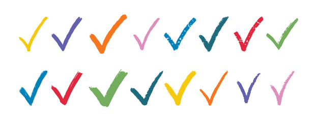 check mark pastel textured doodle hand drawn checkmarks element colorful doodle hand drawn icon set. Check mark line clipart symbol bright colors.