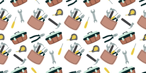 Cartoon seamless pattern with home repair tool. Hammer, pliers, wrench, screwdriver and measuring tape. Father's Day background for printing on fabric and paper. Vector design for textile, wallpaper. 