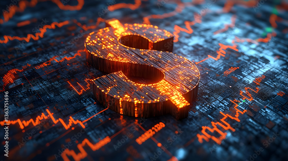 Poster 3d dollar symbol glowing against a digital backdrop of fluctuating financial graphs and data
