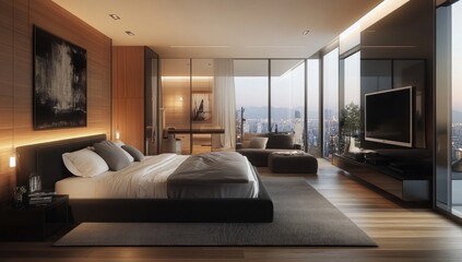 Luxurious Modern Bedroom Interior With Panoramic City View And Furniture
