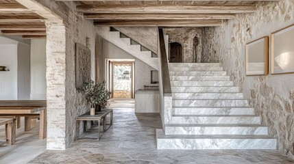 A modern cantilevered staircase with dark wooden steps and a hidden LED strip lighting system, set against a neutral-toned wall.
A minimalist spiral staircase made of smooth concrete, wrapping elegant