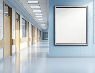 Hospital corridor with blank billboard
