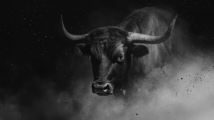 Powerful black bull, night dust, dark background, finance