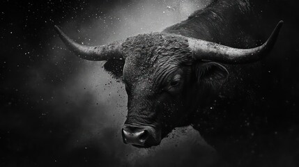 Naklejka premium Powerful bull portrait, dark background, dust, strength
