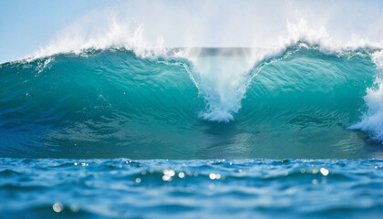 Ocean wave splashing against bright blue sky