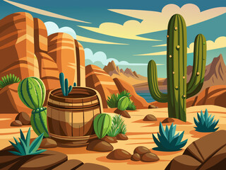 vector of Barrel Cacti in Rocky Desert