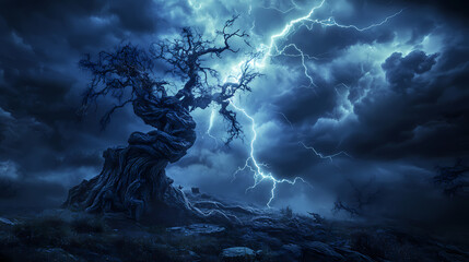 Dramatic thunderstorm with a jagged lightning bolt striking an ancient twisted tree against a brooding night sky in a primeval woodland. Ancient Incubation. Illustration