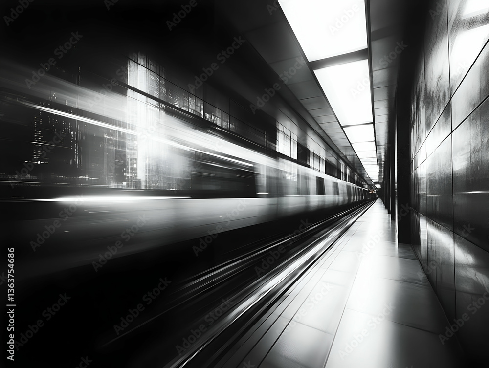 Poster high-speed train rushing through a modern subway station with sleek architecture and ambient lightin