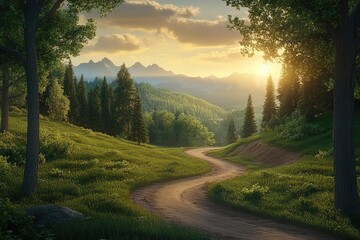 Serene mountain path at sunset. Lush greenery, winding dirt road leads into a valley framed by majestic mountains bathed in golden sunlight