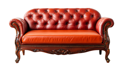 Luxurious red leather couch with wood trim, cutout transparent